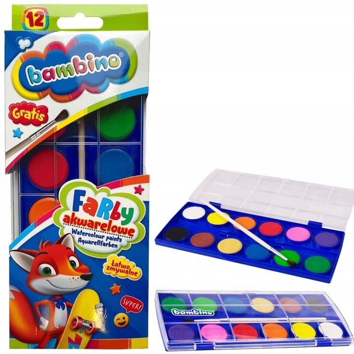 Farby akwarelowe 12 kolorów Bambino
